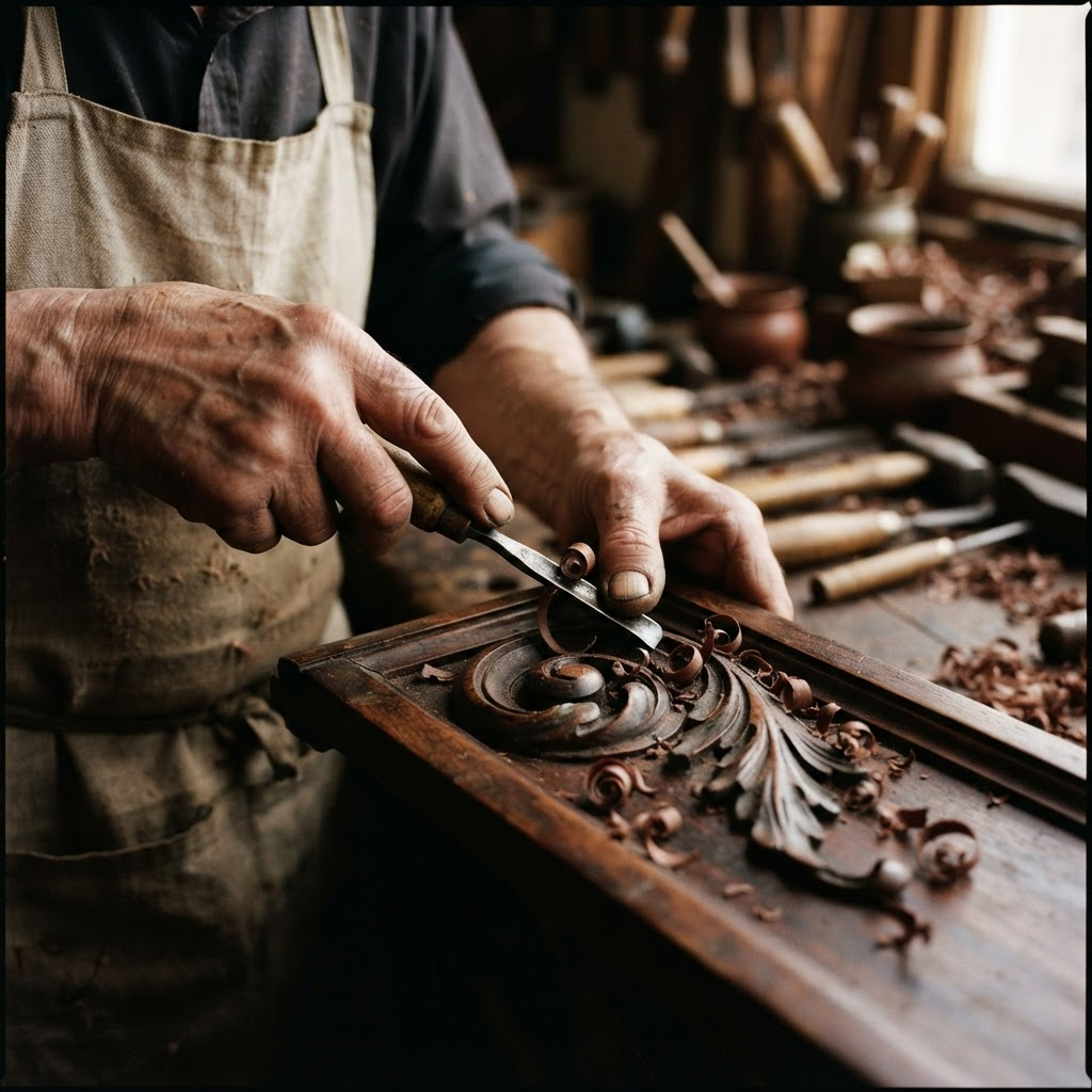 An artisan hand-planing a solid walnut surface, wood shavings curling away