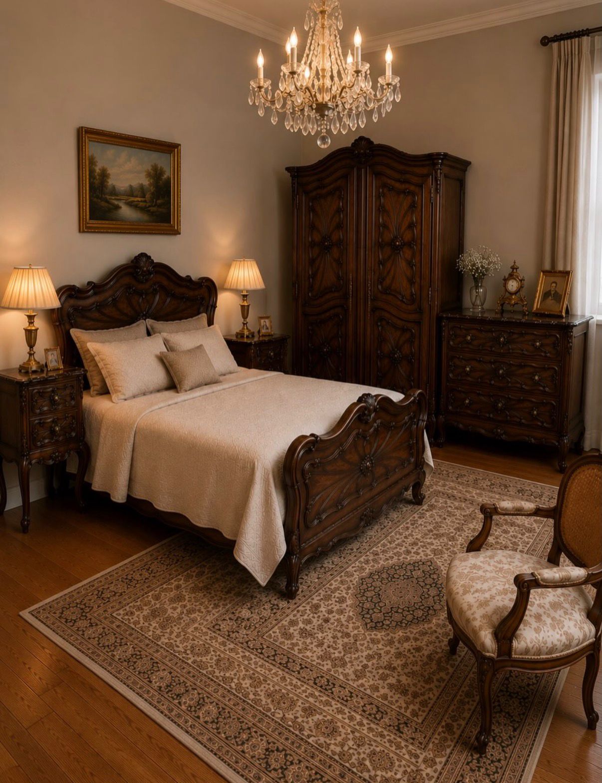 A classic vintage bedroom with hand-carved dark mahogany bed, armoire, and dresser, a crystal chandelier, and a Persian rug